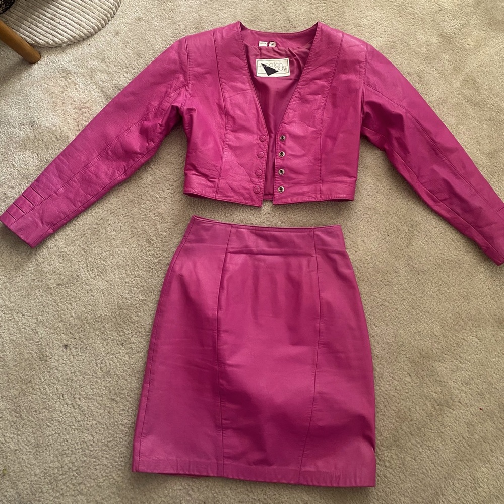 Real leather, hot pink 1980’s fitted mini skirt w/ matching jacket